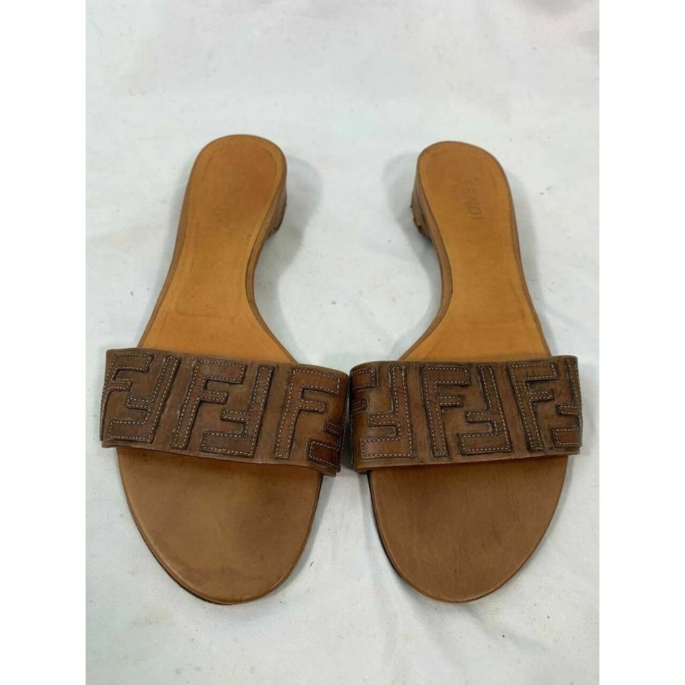 Fendi Brown Leather FF Logo Slippers